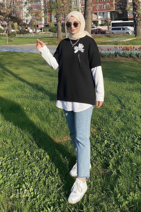 Fitilli Oversize Triko Süveter H25304 Siyah