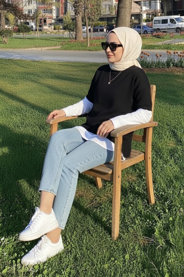 Fitilli Oversize Triko Süveter H25304 Siyah