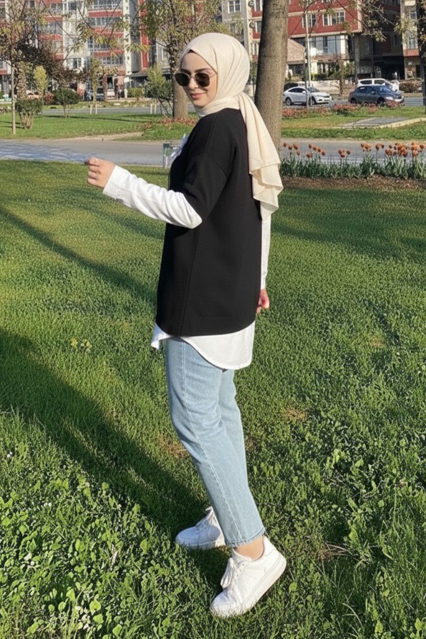 Fitilli Oversize Triko Süveter H25304 Siyah