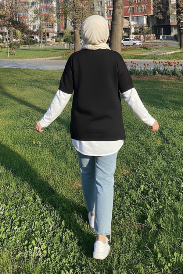 Fitilli Oversize Triko Süveter H25304 Siyah