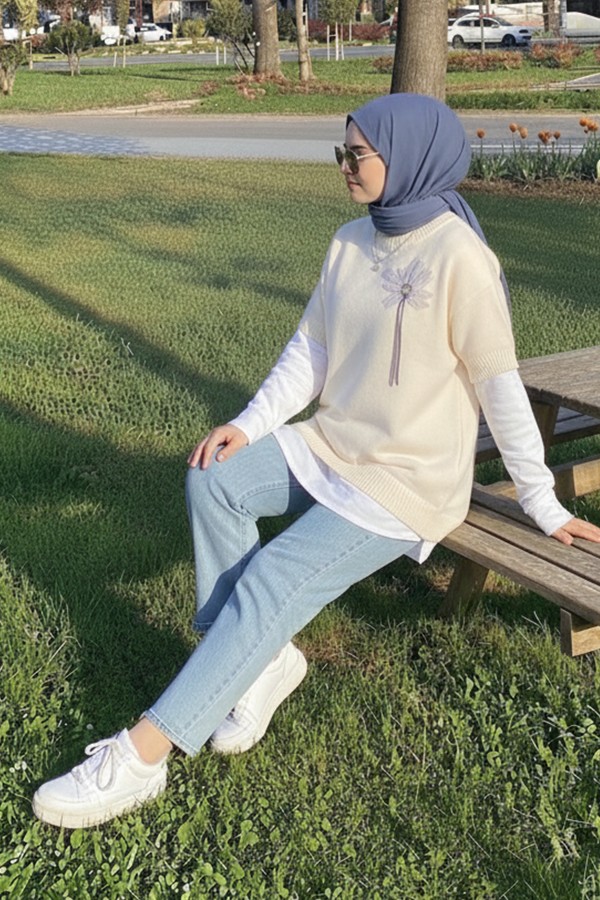 Fitilli Oversize Triko Süveter H25304 Taş Rengi