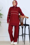 Yakası Fermuarlı Şeritli Triko Takım S1050 Bordo