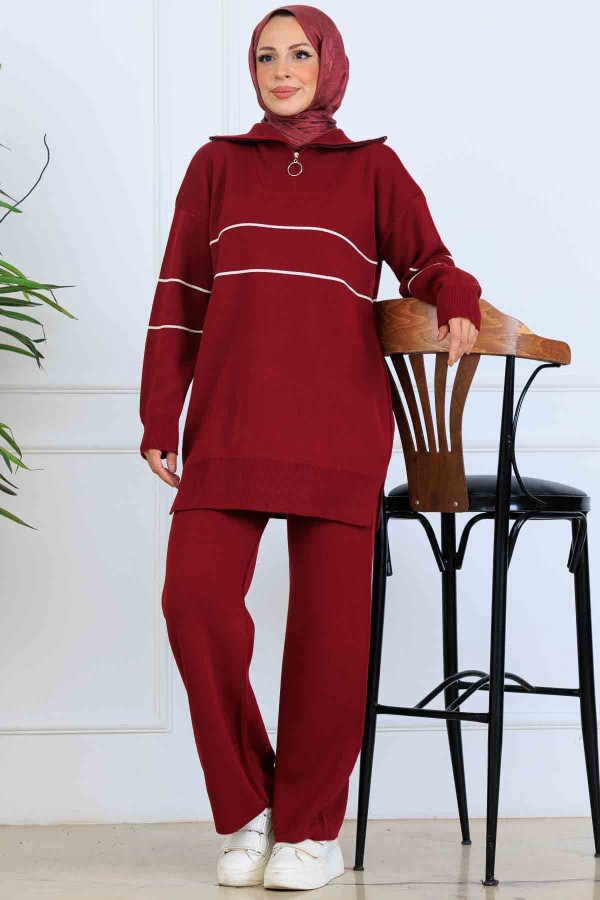Yakası Fermuarlı Şeritli Triko Takım S1050 Bordo