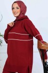 Yakası Fermuarlı Şeritli Triko Takım S1050 Bordo