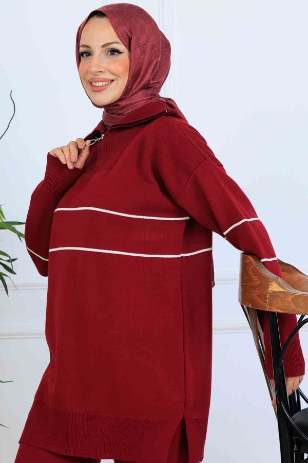 Yakası Fermuarlı Şeritli Triko Takım S1050 Bordo