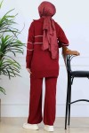 Yakası Fermuarlı Şeritli Triko Takım S1050 Bordo