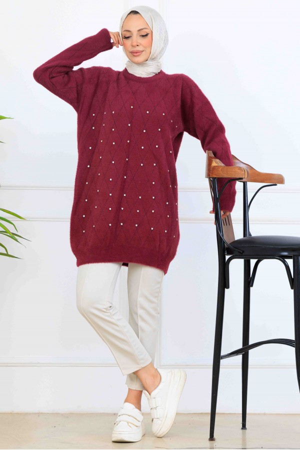 Taş Detaylı Triko Tunik S3008 Mürdüm Taş Detaylı Triko Tunik S3008 Mürdüm
