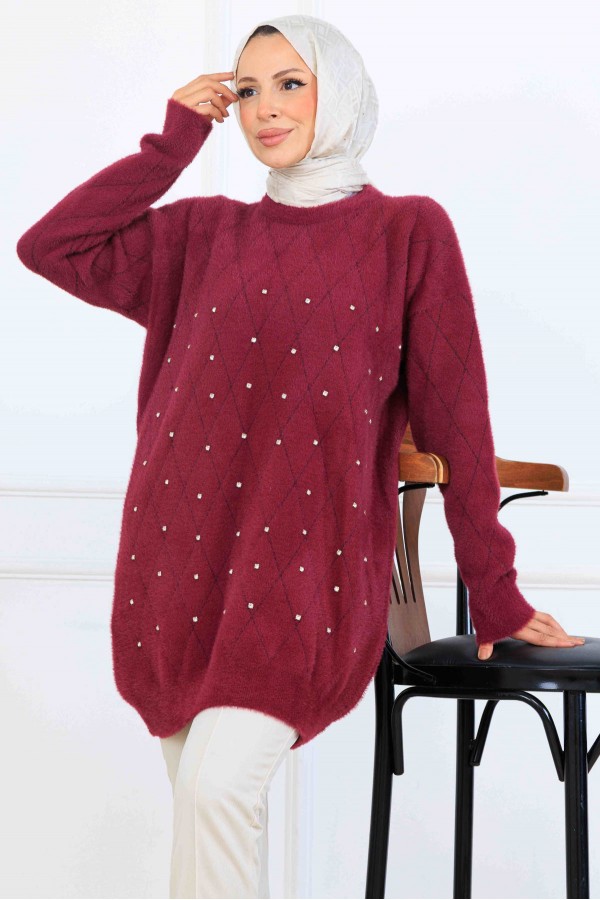 Taş Detaylı Triko Tunik S3008 Mürdüm Taş Detaylı Triko Tunik S3008 Mürdüm