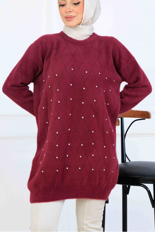 Taş Detaylı Triko Tunik S3008 Mürdüm Taş Detaylı Triko Tunik S3008 Mürdüm