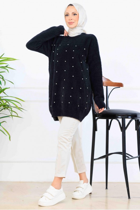 Taş Detaylı Triko Tunik S3008 Siyah