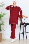 Yakası Fermuarlı Şerit Detay Triko Takım S1061 Bordo