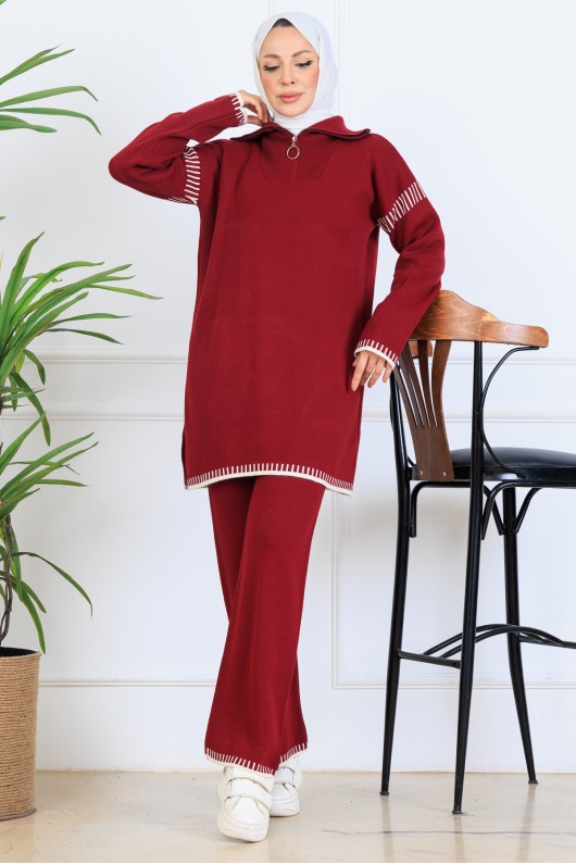 Yakası Fermuarlı Şerit Detay Triko Takım S1061 Bordo Yakası Fermuarlı Şerit Detay Triko Takım S1061 Bordo