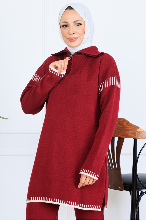 Yakası Fermuarlı Şerit Detay Triko Takım S1061 Bordo