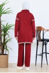 Yakası Fermuarlı Şerit Detay Triko Takım S1061 Bordo