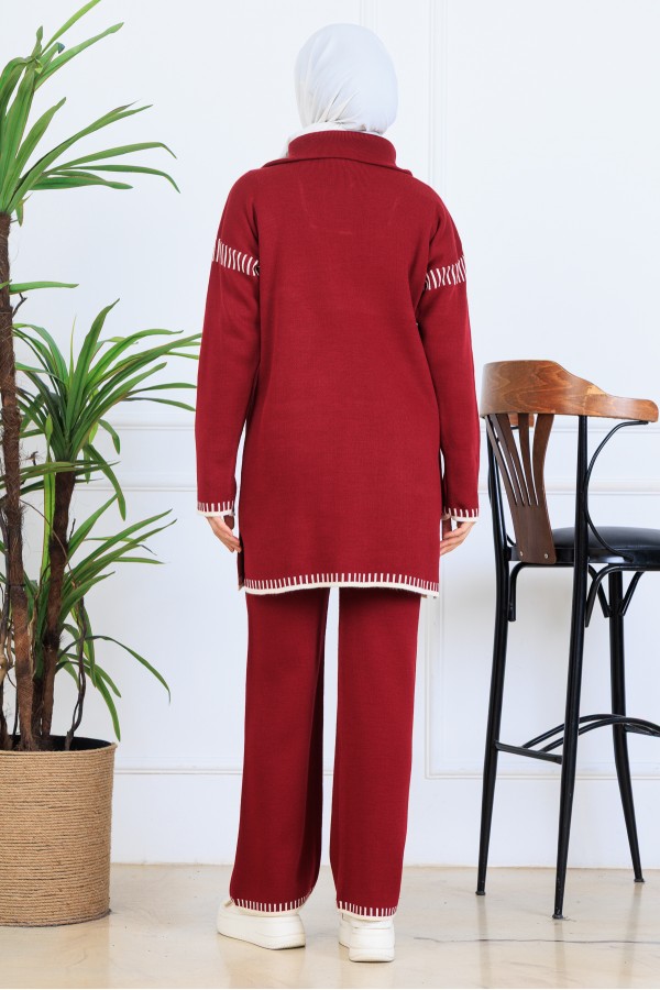 Yakası Fermuarlı Şerit Detay Triko Takım S1061 Bordo