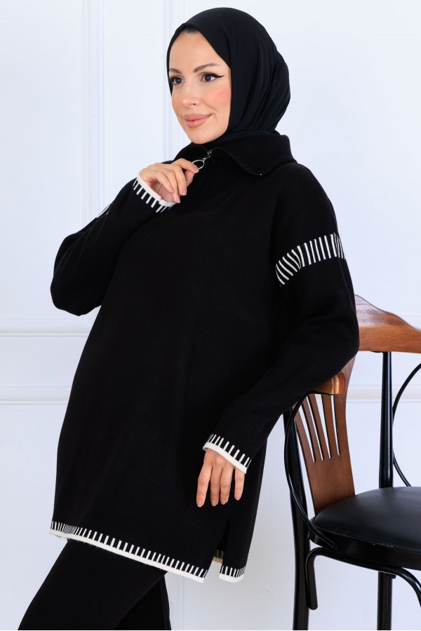 Yakası Fermuarlı Şerit Detay Triko Takım S1061 Siyah