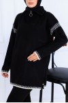 Yakası Fermuarlı Şerit Detay Triko Takım S1061 Siyah