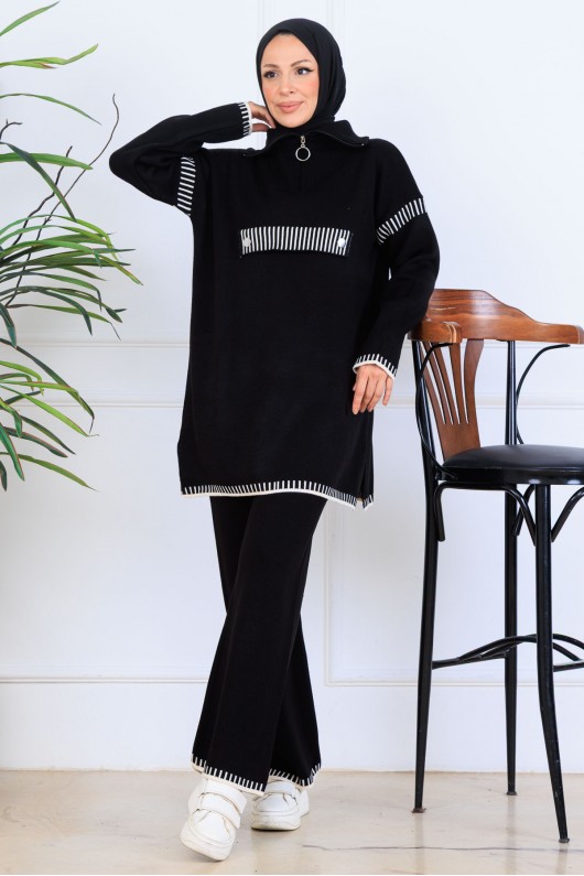 Yakası Fermuarlı Triko Takım S1105 Siyah Yakası Fermuarlı Triko Takım S1105 Siyah