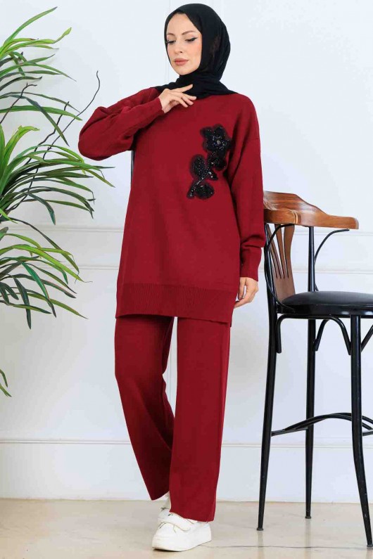 İşleme Detay Triko Takım S1067 Bordo İşleme Detay Triko Takım S1067 Bordo
