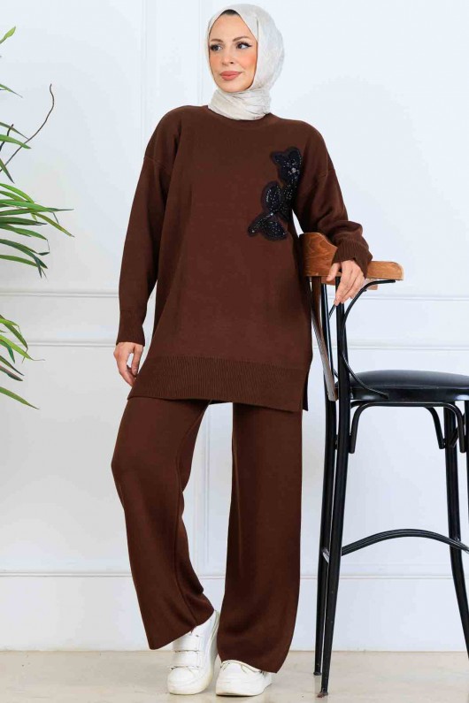 İşleme Detay Triko Takım S1067 Kahverengi İşleme Detay Triko Takım S1067 Kahverengi