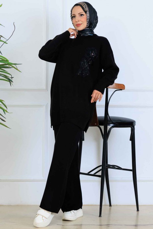 İşleme Detay Triko Takım S1067 Siyah İşleme Detay Triko Takım S1067 Siyah