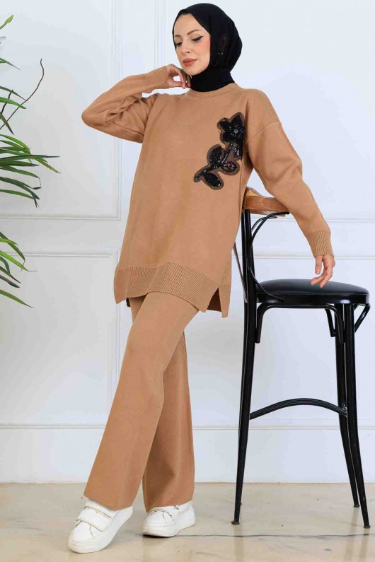 İşleme Detay Triko Takım S1067 Vizon İşleme Detay Triko Takım S1067 Vizon