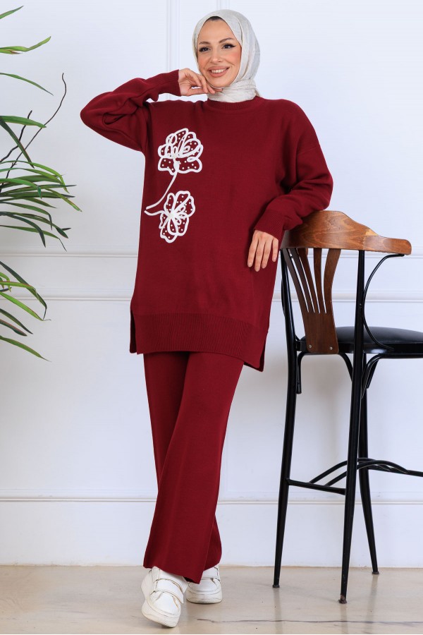 Nakış İşleme Detaylı Triko Takım S1120 Bordo