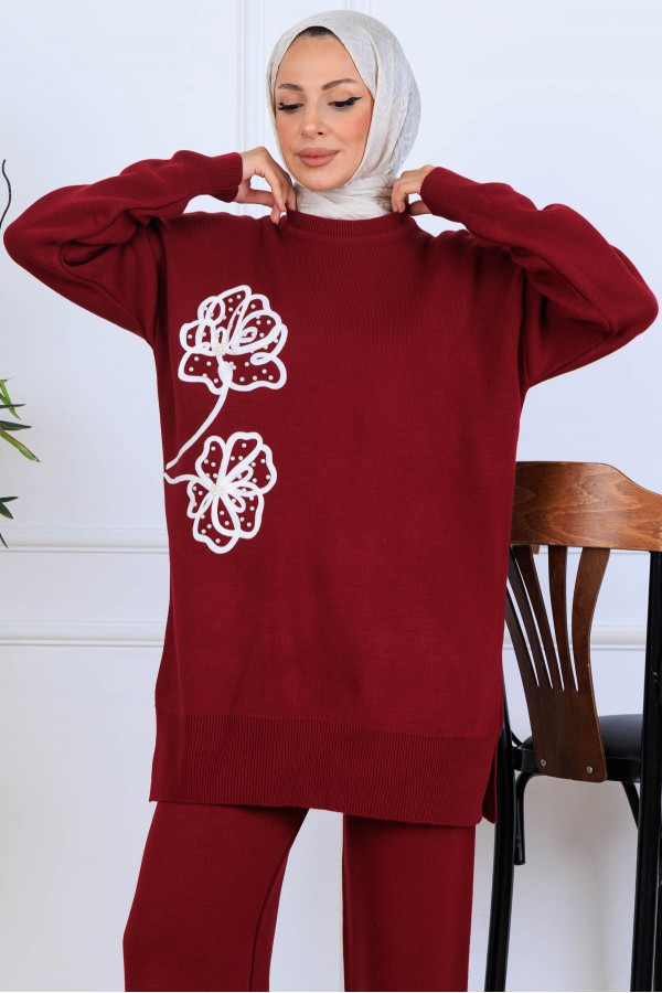Nakış İşleme Detaylı Triko Takım S1120 Bordo