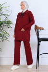 Yakası Kurdele Detay Triko Takım S1064 Bordo