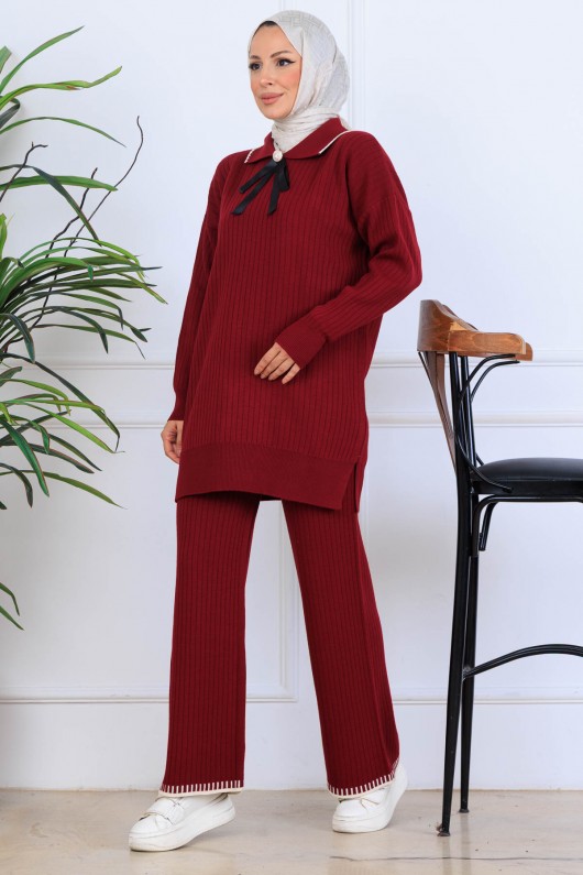Yakası Kurdele Detay Triko Takım S1064 Bordo Yakası Kurdele Detay Triko Takım S1064 Bordo