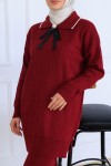 Yakası Kurdele Detay Triko Takım S1064 Bordo