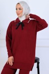 Yakası Kurdele Detay Triko Takım S1064 Bordo