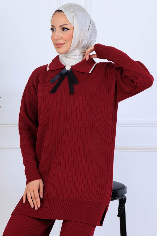 Yakası Kurdele Detay Triko Takım S1064 Bordo