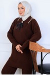Yakası Kurdele Detay Triko Takım S1064 Kahverengi