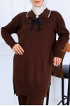 Yakası Kurdele Detay Triko Takım S1064 Kahverengi