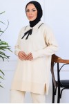 Yakası Kurdele Detay Triko Takım S1064 Taş Rengi