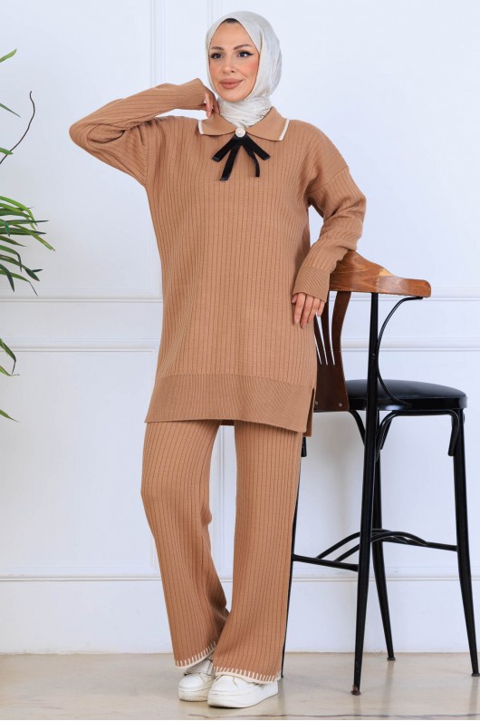Yakası Kurdele Detay Triko Takım S1064 Vizon Yakası Kurdele Detay Triko Takım S1064 Vizon