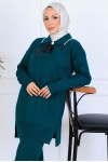 Yakası Kurdele Detay Triko Takım S1064 Zümrüt Yeşili
