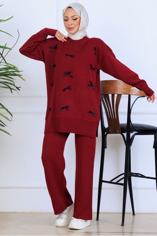 Fiyonk Detaylı Triko Takım S1106 Bordo Fiyonk Detaylı Triko Takım S1106 Bordo