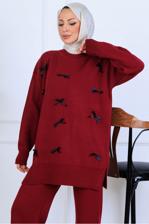 Fiyonk Detaylı Triko Takım S1106 Bordo