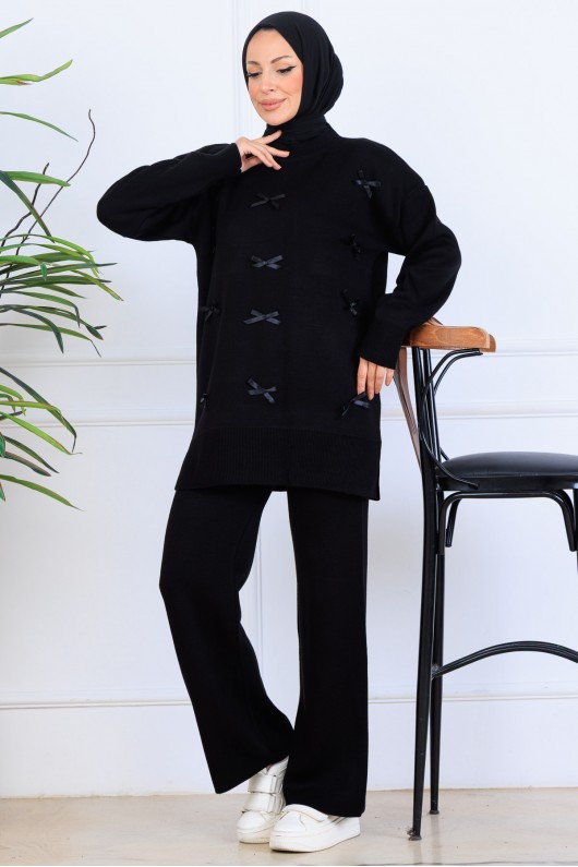 Fiyonk Detaylı Triko Takım S1106 Siyah Fiyonk Detaylı Triko Takım S1106 Siyah