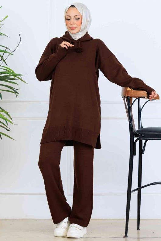 Kapüşonlu Triko Takım S1079 Kahverengi Kapüşonlu Triko Takım S1079 Kahverengi