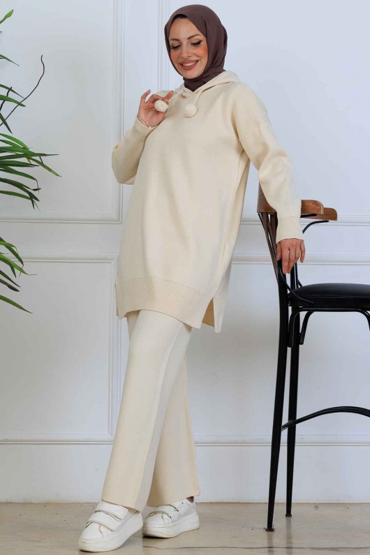 Kapüşonlu Triko Takım S1079 Taş Rengi Kapüşonlu Triko Takım S1079 Taş Rengi