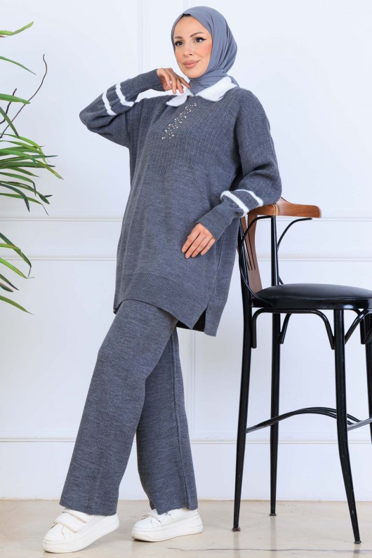 Taş İşlemeli Triko Takım S1009 Antrasit Taş İşlemeli Triko Takım S1009 Antrasit