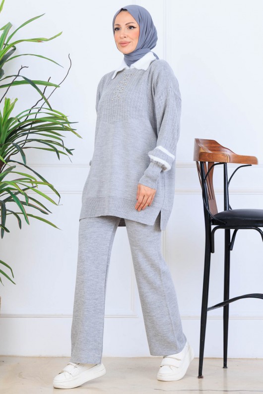Taş İşlemeli Triko Takım S1009 Gri Taş İşlemeli Triko Takım S1009 Gri