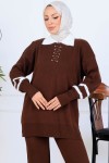 Taş İşlemeli Triko Takım S1009 Kahverengi