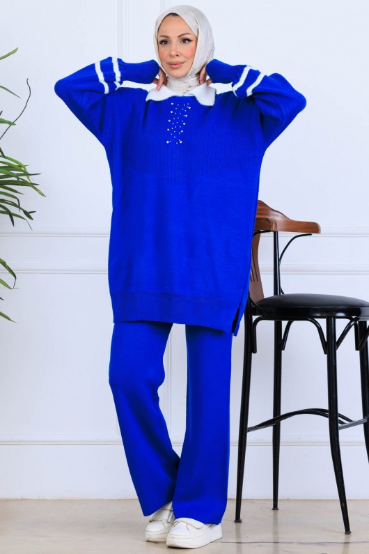Taş İşlemeli Triko Takım S1009 Saks Mavisi Taş İşlemeli Triko Takım S1009 Saks Mavisi