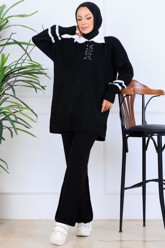 Taş İşlemeli Triko Takım S1009 Siyah Taş İşlemeli Triko Takım S1009 Siyah