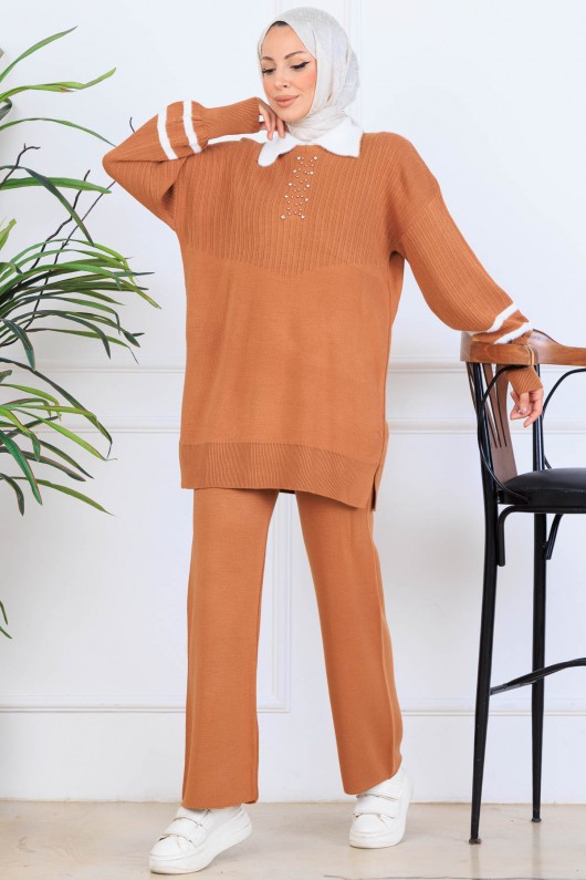 Taş İşlemeli Triko Takım S1009 Taba Taş İşlemeli Triko Takım S1009 Taba