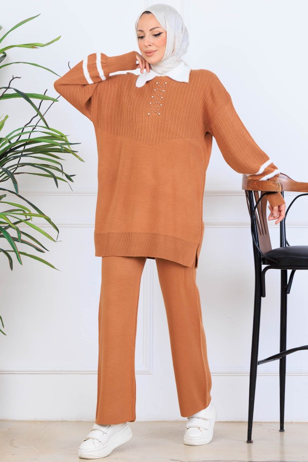 Taş İşlemeli Triko Takım S1009 Taba Taş İşlemeli Triko Takım S1009 Taba